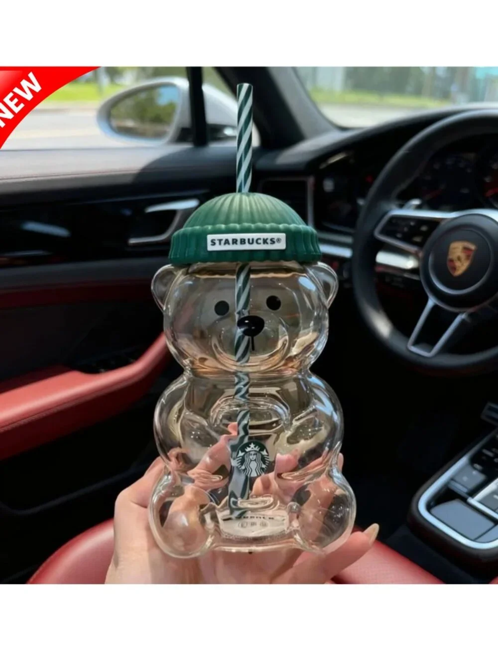 Starbucks Clear Glass Bear Tumbler with Green Ribbed Lid and Green-White Straw